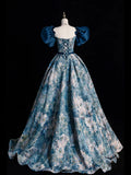Blue Printed Long Ball Gown, Elegant A-Line Short Sleeve Evening Dress HZ1024