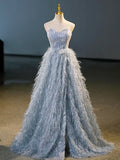 Blue A-Line Strapless Floor Length Prom Dress, Blue Evening Party Dress HZ1024