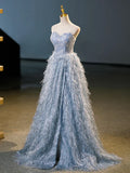 Blue A-Line Strapless Floor Length Prom Dress, Blue Evening Party Dress HZ1024