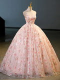 Beautiful Strapless Tulle Flower Long Prom Dress, Pink Ball Gown Formal Dress HZ1024