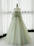 Green Tulle Lace Long Prom Dress, Green Off Shoulder Evening Party Dress HZ1024