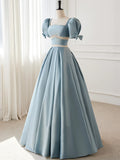 Blue Satin Beaded Long Prom Dress, Blue Short Sleeve Evening Dress HZ1024