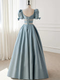 Blue Satin Beaded Long Prom Dress, Blue Short Sleeve Evening Dress HZ1024