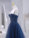 Blue Tulle Beaded Long Formal Dress, Blue Evening Dress HZ1024