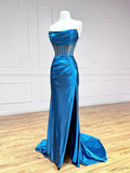 Blue Strapless Pleated Long Prom Dress, Blue Satin Party Dress HZ1024