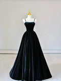Spaghetti Strap Velvet Long Prom Dress with Pearls, Black Evening Dress Party Dress HZ1024