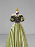 Green Satin Lace Long Prom Dress, Beautiful A-Line Evening Dress with Bow HZ1024