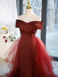 Mermaid V-Neck Satin Long Prom Dress, Burgundy Off Shoulder Evening Dress with Bow HZ1024
