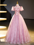 Pink Tulle and Lace Long Prom Dress with Sequins, Beautiful A-Line Sweet 16 Dress HZ1024