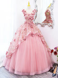 Pink Tulle Long Prom Dress with Flowers, Beautiful A-Line Sweet 16 Dress HZ1024