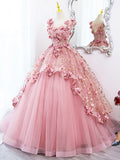 Pink Tulle Long Prom Dress with Flowers, Beautiful A-Line Sweet 16 Dress HZ1024