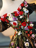 Black Tulle Long Prom Dress with Lace Flowers, Beautiful Off Shoulder Evening Gown HZ1024