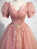 Pink Tulle Floor Length Prom Dress with Short Sleeve, Beautiful A-Line Evening Dress HZ1024