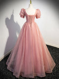 Pink Tulle Floor Length Prom Dress with Short Sleeve, Beautiful A-Line Evening Dress HZ1024