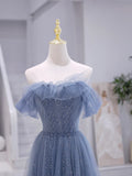 Blue Strapless Tulle Long Prom Dress, Blue A-Line Evening Dress HZ1024