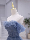 Blue Strapless Tulle Long Prom Dress, Blue A-Line Evening Dress HZ1024