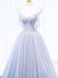 Gray Spaghetti Strap Tulle Long Prom Dress, Gray A-Line Evening Party Dress HZ1024