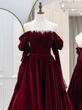 Burgundy Velvet Long Formal Dress, Elegant Long Sleeve A-Line Prom Dress HZ1024