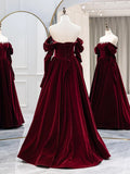 Burgundy Velvet Long Formal Dress, Elegant Long Sleeve A-Line Prom Dress HZ1024