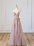 Pink V-Neck Tulle Long Prom Dress with Beaded, Pink Spaghetti Strap Evening Dress HZ1024