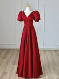 Burgundy V-Neck Satin Long Prom Dress, Burgundy Formal Evening Dress HZ1024