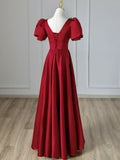 Burgundy V-Neck Satin Long Prom Dress, Burgundy Formal Evening Dress HZ1024