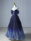 Blue Gradient Tulle Long Prom Dress, Beautiful Spaghetti Strap Evening Party Dress HZ1024