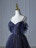 Blue Gradient Tulle Long Prom Dress, Beautiful Spaghetti Strap Evening Party Dress HZ1024