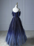Blue Gradient Tulle Long Prom Dress, Beautiful Spaghetti Strap Evening Party Dress HZ1024