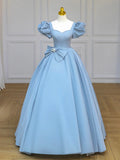 Blue Satin Long Prom Dress with Bow, Blue A-Line Formal Evening Dress HZ1024