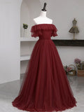 Burgundy Tulle Floor Length Prom Dress, Simple A-Line Evening Party Dress HZ1024