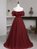 Burgundy Tulle Floor Length Prom Dress, Simple A-Line Evening Party Dress HZ1024