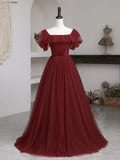 Burgundy Tulle Floor Length Prom Dress, Simple A-Line Evening Party Dress HZ1024