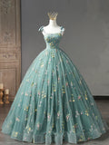 Green Floral Tulle Long Prom Dress, Cute Off Shoulder Evening Party Dress HZ1024