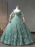 Green Floral Tulle Long Prom Dress, Cute Off Shoulder Evening Party Dress HZ1024