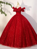 Red Tulle Long A-Line Ball Gown, Red Off Shoulder Formal Dress HZ1024