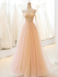 Cute Tulle Long Prom Dress, A-Line Strapless Evening Dress HZ1024