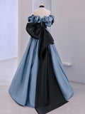 Blue Satin Lace Long Prom Dress, Off Shoulder Evening Dress HZ1024