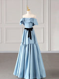 Blue Satin Long Formal Dress, Blue Strapless A-Line Prom Dress HZ1024