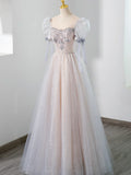 Cute Tulle Beaded Long Prom Dress, A-Line Short Sleeve Evening Dress HZ1024