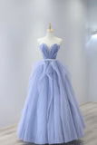 Blue Tulle Strapless Long Prom Dress, A-Line Blue Evening Dress HZ1024