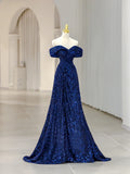 Blue Sequins Long Prom Dress, Off the Shoulder Blue Evening Dress HZ1024