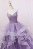 Purple Tulle Long Prom Dress, A-Line Spaghetti Strap Evening Gown HZ1024