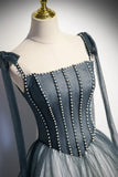 Gray Spaghetti Straps Long A-Line Prom Dress, Gray Evening Dress with Beaded HZ1024