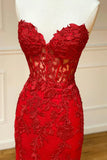 Red Strapless Lace Long Prom Dress, Mermaid Evening Dress HZ1024