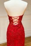 Red Strapless Lace Long Prom Dress, Mermaid Evening Dress HZ1024