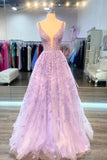 Purple V-Neck Lace Long Prom Dress, Purple A-Line Formal Evening Dress HZ1024