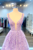Purple V-Neck Lace Long Prom Dress, Purple A-Line Formal Evening Dress HZ1024