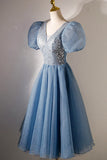 A-line V-neck Sequins Short Prom Dress, Blue Short Sleeve Evening Dress HZ1024