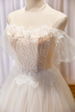Champagne Lace Long A-line Prom Dress, Off the Shoulder Evening Dress HZ1024